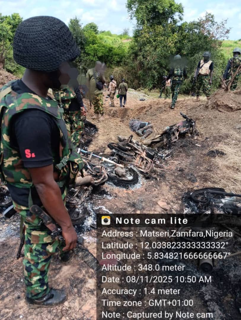 DejiAdesogan's tweet photo. 🔥🔥🔥🔥🔥🔥🔥🔥🔥🔥🔥🔥🔥🔥

Troops of Operation FANSAN YANMA discovers over 60 bodies after deadly air strike on bandits in Zamfara

Troops of the Nigerian Army have discovered more than 60 bodies of suspected bandits in Zamfara State during exploitation following a deadly air strike by the Nigerian Air Force (NAF) as well as mop up operations by the surface troops. 

Intelligence sources told Zagazola Makama that the discovery was made on Monday afternoon at Matseri in Anka Local Government Area by personnel of 1 Brigade and 8 Division Sector 2, Operation FANSAN YANMA.

The operation, which followed intelligence-led air interdictions by NAF on Sunday, targeted a large concentration of armed fighters believed to be preparing to attack Nasarawan Burkullu community in Bukuyum LGA.

Sources said that the troops, guided by air component surveillance, recovered over 60 corpses and several body parts burnt beyond recognition at one of the strike locations.

“More than 30 burnt motorcycles and a large cache of rifles completely destroyed by fire were also found,” the source said, adding that exploitation was ongoing in other strike areas.

Zagazola  reports that the NAF strikes were part of a coordinated operation against more than 400 terrorists, including several notorious kingpins, who had converged in Makakkari Forest across Anka and Bukuyum LGAs.

The coordinated assault, involving both air and ground forces, neutralised over 100 terrorists in total, with many others fleeing with injuries.

According to the source, the operation has significantly disrupted the bandits’ operational capability and thwarted a planned retaliatory attack following recent clashes with security forces.

“Banditry thrives on fear and impunity,” the source said. “This operation is a clear message that both will be dismantled, one step at a time.”

“Yesterday night, they returned in an attempt to pick up corpses but we fired heavy Artillery on them go prevent them from picking corpses. We are still trailing them and we shall surely 

He said troops remained on the ground to continue clearance and patrol operations to prevent regrouping of the criminal elements.