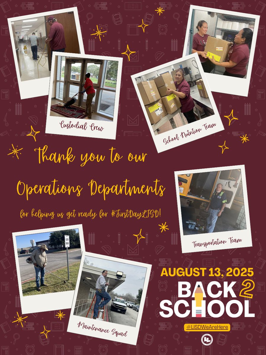 LockhartISD's tweet photo. 🚨 Just days until #FirstDayLISD! 🦁💛

Our teams are prepping delicious meals, safe rides, and sparkling campuses for an AMAZING first day.

Huge thanks to our Operations crew for making it all possible!

See you Wednesday! 🎉

#LISDWeAreHere #FirstDayLISD https://t.co/b2Y8OK5qmP