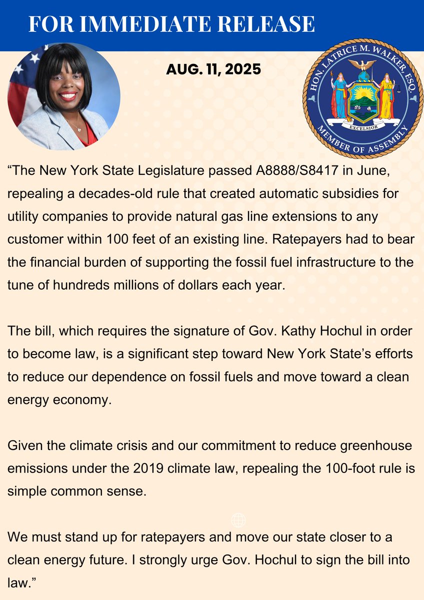 Latrice Walker (@thereallatricew) on Twitter photo I urge Gov. Hochul to sign into law the repeal of the 100-foot rule, eliminating the $200 million in yearly subsidies for utility companies. We need to take steps toward a clean energy future. <a href="/NRDC/">NRDC 🌎🏡</a> <a href="/nylcv/">NYLCV</a> <a href="/NYforCleanPower/">NY for Clean Power</a> <a href="/AP/">The Associated Press</a> <a href="/NY1/">Spectrum News NY1</a> <a href="/News12BK/">News12BK</a> <a href="/NYAmNews/">New York Amsterdam News</a> Please see my statement: I urge Gov. Hochul to sign into law the repeal of the 100-foot rule, eliminating the $200 million in yearly subsidies for utility companies. We need to take steps toward a clean energy future. <a href="/NRDC/">NRDC 🌎🏡</a> <a href="/nylcv/">NYLCV</a> <a href="/NYforCleanPower/">NY for Clean Power</a> <a href="/AP/">The Associated Press</a> <a href="/NY1/">Spectrum News NY1</a> <a href="/News12BK/">News12BK</a> <a href="/NYAmNews/">New York Amsterdam News</a> Please see my statement: