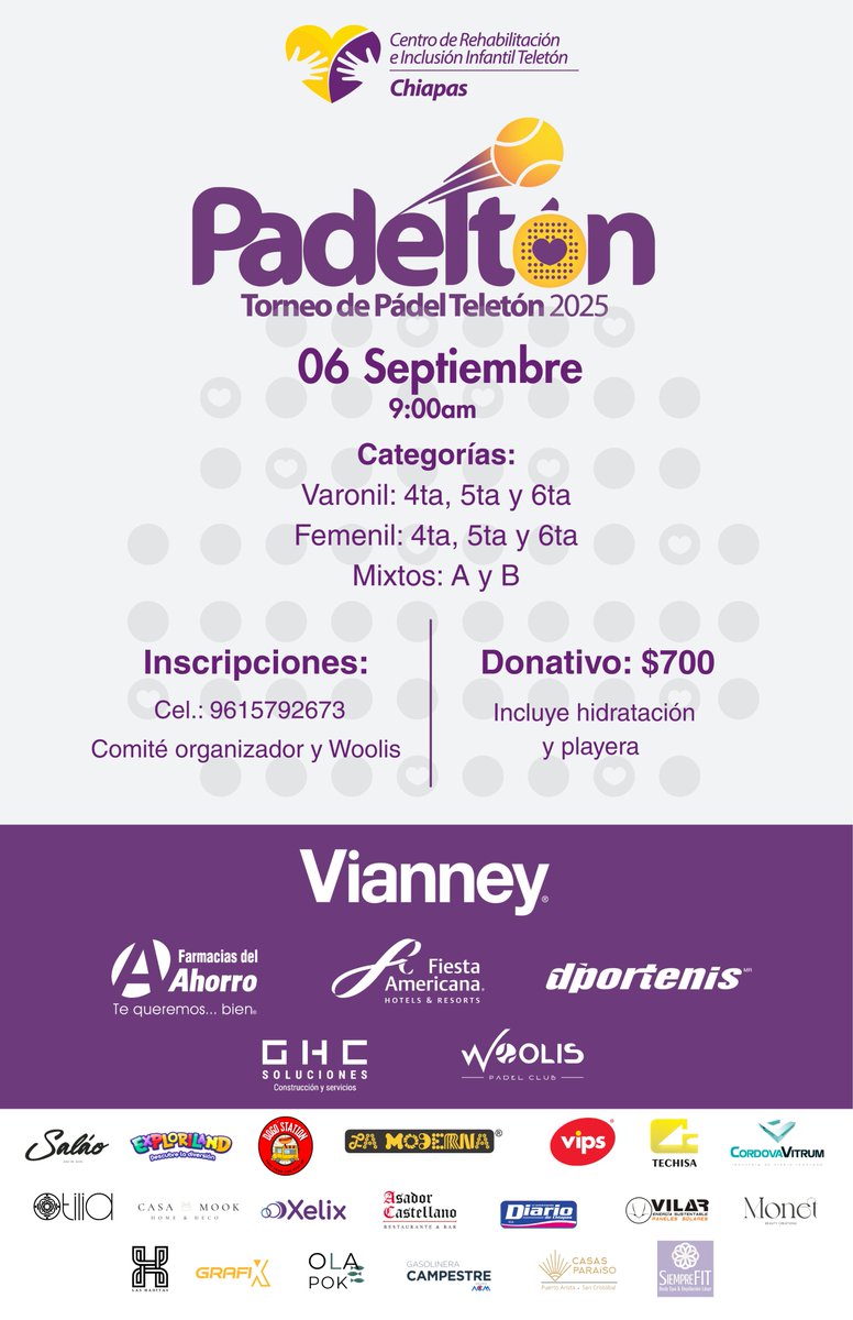 💛🎾 Cada punto que juegas, cambia una vida.
Acompáñanos en el Padeltón 2025 y apoyemos juntos a los niños y niñas del CRIT Chiapas.
📅 6 de septiembre | 9:00am | 📍 Woolis Padel Club
📲 Regístrate al 961 579 2673 o en Woolis Padel Club.
#PádelConCausa #Padelton2025 #CRITChiapas