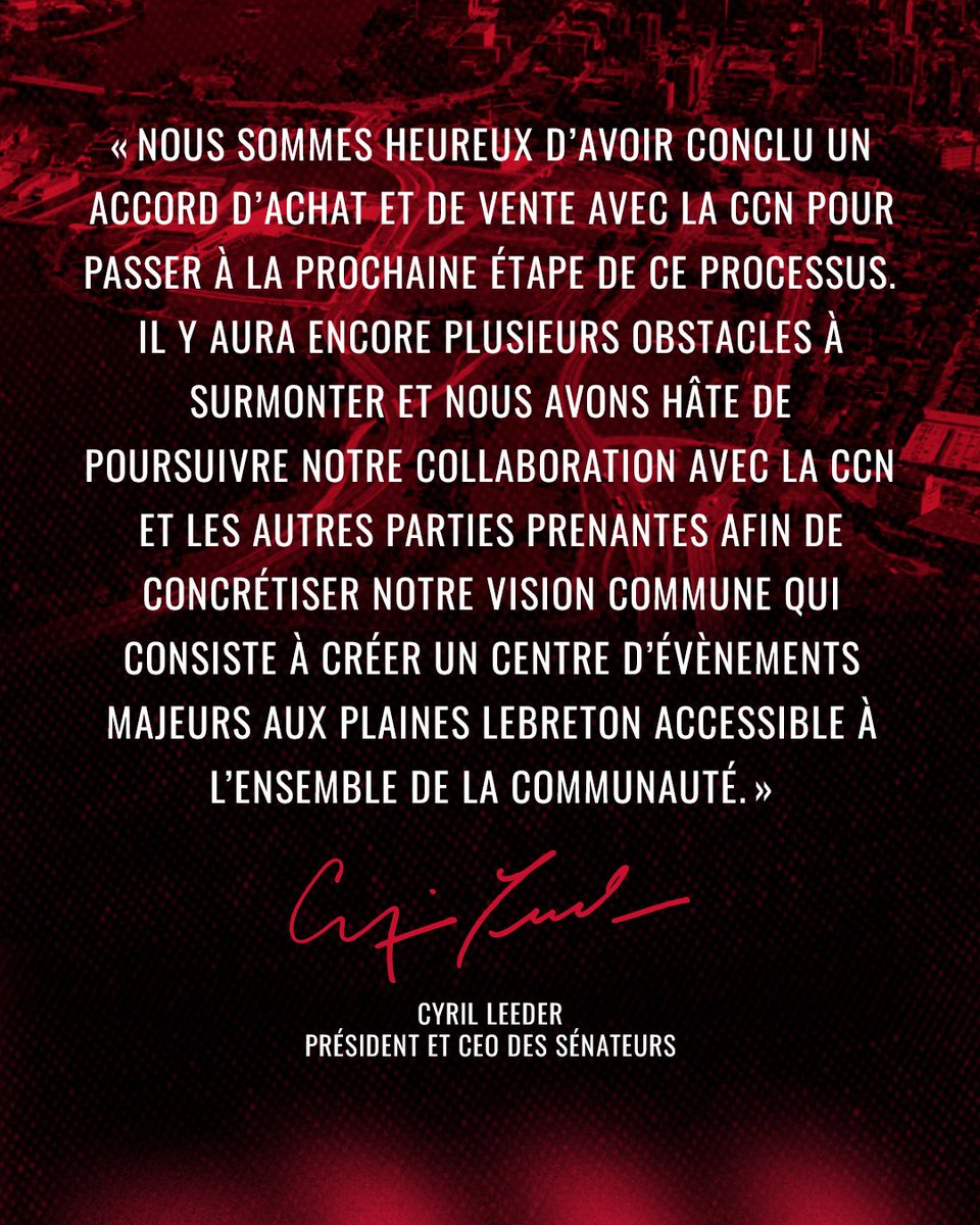 A statement from #Sens President and CEO, Cyril Leeder on signing an agreement of purchase and sale for land parcels totalling approximately 11 acres at LeBreton Flats.