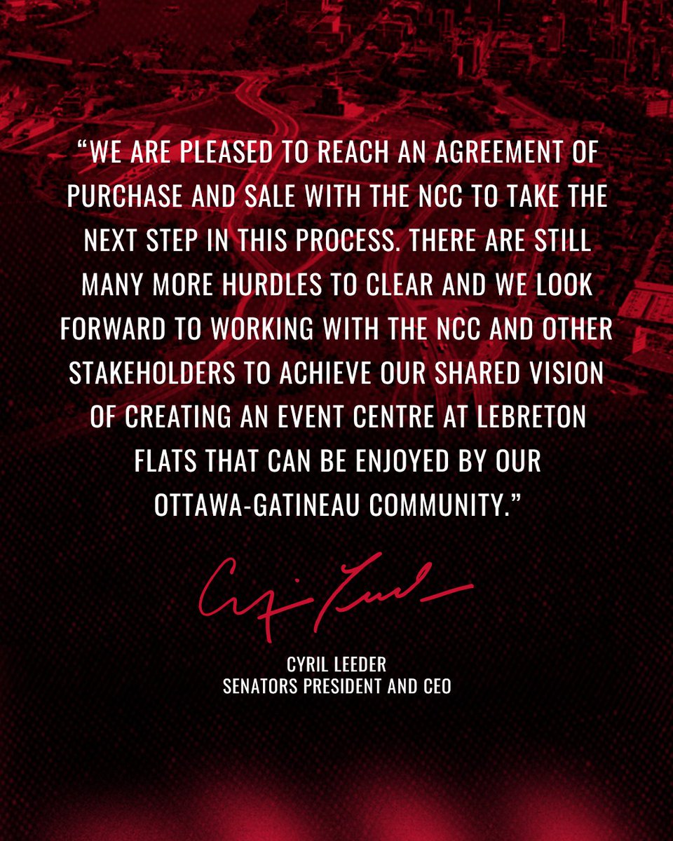 Senators's tweet photo. A statement from #Sens President and CEO, Cyril Leeder on signing an agreement of purchase and sale for land parcels totalling approximately 11 acres at LeBreton Flats. https://t.co/YtO4EFOEed