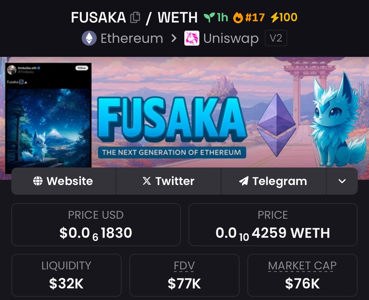 Aped $FUSAKA, good team behind 

0x7607546645655D4E93EA6839a55339263B3e4986

dextools.io/app/en/ether/p…

Here are the full social links, should do well

TG: t.me/FusakaCoin
X: x.com/FUSAKA_ERC20
Web: fusakacoin.com