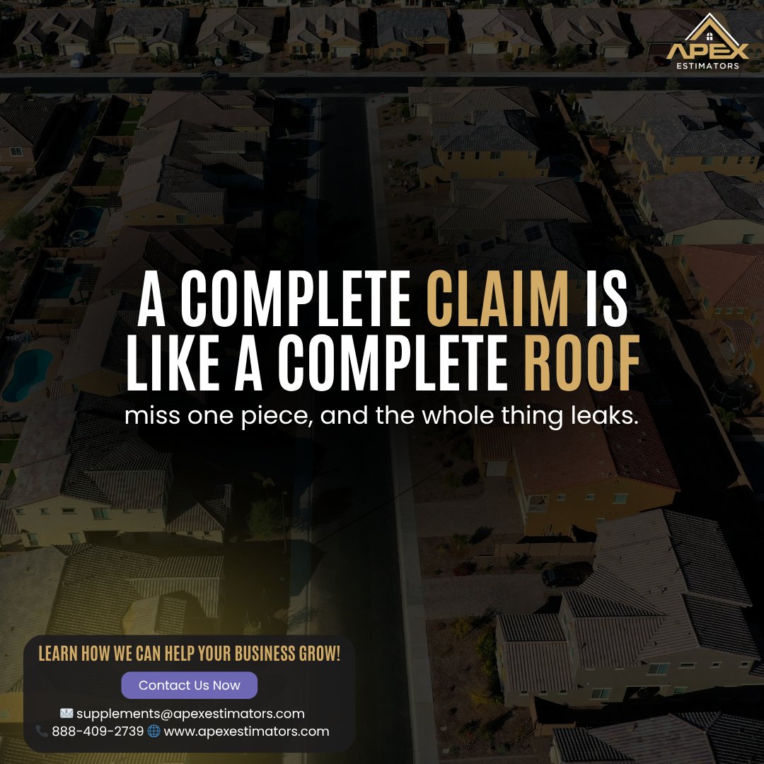 apexestimators's tweet image. Roofers know, leave one shingle out and you’ve got a problem. Claims are the same way. We make sure no detail is missed so you get every dollar you deserve. 

Maximize your profit. Book your FREE consultation now!
calendly.com/supplements-ap…

#ApexEstimators #RoofClaimExperts