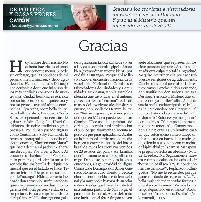 Monicahc17's tweet photo. El escritor y periodista, Armando Fuentes Aguirre, alias “Catón”, agradeció la hospitalidad recibida en Durango en el pasado Congreso Nacional de Cronistas.
En su columna que publica en diversos medios nacionales, destacó la historia, la gastronomía y el mezcal. https://t.co/BRasfi1b57