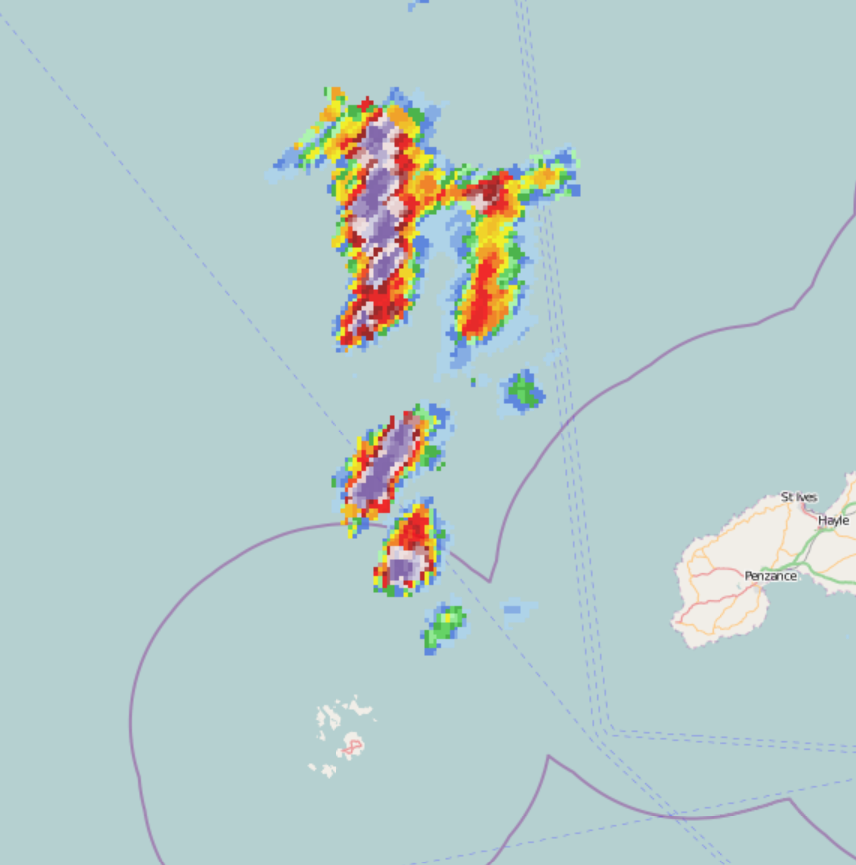 Some pretty nasty reflectivity coming from the storms that have just developed to the north of the Scilly Isles recently!

Lightning map: lightningmaps.org
Radar: netweather.tv/live-weather/r…