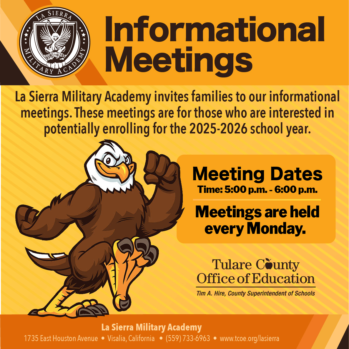 Parents of students in grades 7-12, La Sierra Military Academy is enrolling for the 2025-26 school year!

Attend our informational meeting tonight or on a future Monday from 5:00 until 6:00 p.m. to learn more about our small, close-knit school community.  tcoe.org/LaSierra.