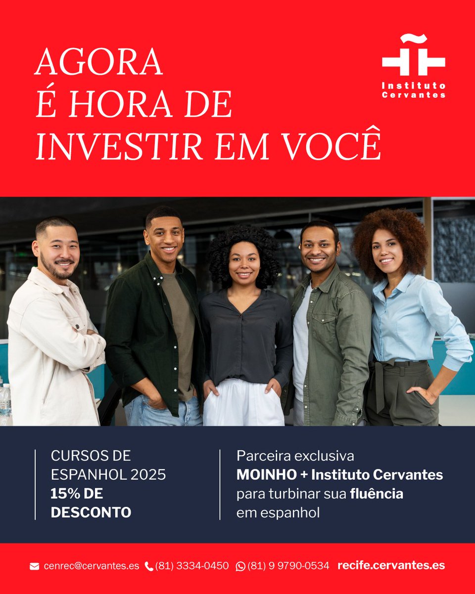 ✅Agora é hora de investir em você. #MoinhoRecife #CursosdeEspanhol  Matrículas abertas! 
Condôminos do MOINHO tem 15% de DESCONTO nos cursos de espanhol do Instituto Cervantes.

cenrec@cervantes.es
81 99790-0534
R. de São Jorge, 240
Edf. Moinho - @moinhorecife
Bairro do Recife