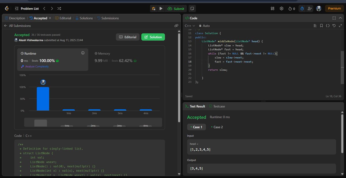 AKASHVISHW64779's tweet image. Day 41 of #90DaysOfCoding 🖥️
Today’s focus: Linked List fundamentals in action ⚡
✅ Middle of a Linked List (Tortoise-Hare 🐇🐢 method)
✅ Reverse a Linked List (Iterative 🔄 approach)
Both problems taught me the power of pointer manipulation & efficiency.
#LeetCode #DSA