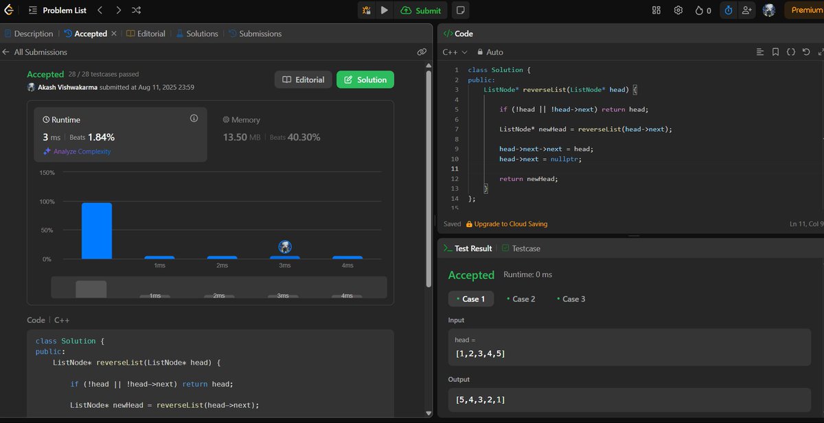 AKASHVISHW64779's tweet image. Day 41 of #90DaysOfCoding 🖥️
Today’s focus: Linked List fundamentals in action ⚡
✅ Middle of a Linked List (Tortoise-Hare 🐇🐢 method)
✅ Reverse a Linked List (Iterative 🔄 approach)
Both problems taught me the power of pointer manipulation & efficiency.
#LeetCode #DSA