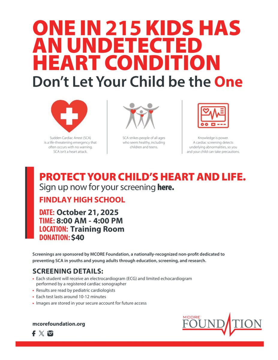 FHSAthletic's tweet photo. β€οΈ Heart screenings at Findlay High School
π
October 21, 2025
π 8:00 AM β 4:00 PM
π Training Room
π΅ $40 donation
Early detection saves lives. #HeartScreening #FindlayHS https://t.co/VQElREJJIB