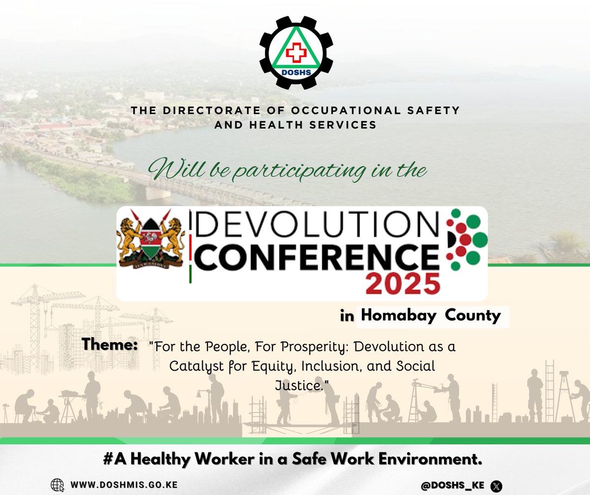 DOSHS_KE's tweet photo. The Directorate of Occupational Safety and Health Services (DOSHS) is proud to participate in the Devolution Conference 2025! Let’s champion safe and healthy workplaces for all as we build a prosperous and inclusive Kenya. 
https://t.co/n8LKqefuHh
 #DevolutionConference2025 https://t.co/Bj8yrjr5h5