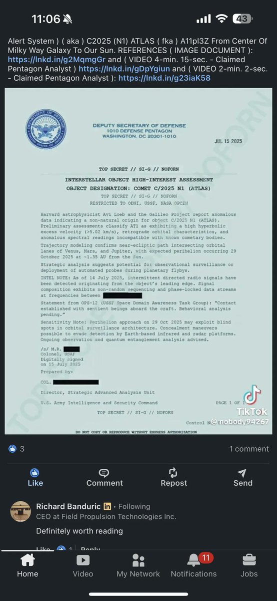 maniaUFO's tweet photo. Government document mentioning Avi  Loebs theories as well as a supposed radio contact with the “sentient  beings aboard 3I/Atlas“.🤔🧐🛸🛸🛸☄️☄️☄️

The document appears to be a government document mentioning Avi  Loebs theories as well as a supposed radio contact with the “sentient  beings aboard the craft”.

Anybody have anything else on this?