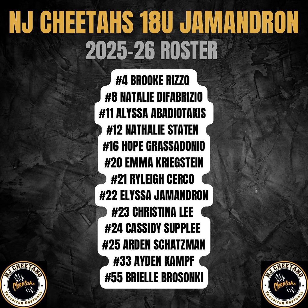 NJ Cheetahs Jamandron (@njcheetahsjaman) on Twitter photo Big moves made in the offseason for the NJ Cheetahs 18u Jamandron. Here is our 2025 schedule and roster! 🥎🐆🖤
Go CHEETAHS! <a href="/SHUSoftball/">Seton Hall Softball</a> <a href="/RUSoftball/">Rutgers Softball</a> <a href="/HofstraSoftball/">Hofstra Softball</a> <a href="/FordhamSoftball/">Fordham Softball</a> <a href="/NCAASoftball/">NCAA Softball</a> <a href="/mulesoftball/">Muhlenberg Softball</a> <a href="/Delaware_SB/">Delaware Softball</a> Big moves made in the offseason for the NJ Cheetahs 18u Jamandron. Here is our 2025 schedule and roster! 🥎🐆🖤
Go CHEETAHS! <a href="/SHUSoftball/">Seton Hall Softball</a> <a href="/RUSoftball/">Rutgers Softball</a> <a href="/HofstraSoftball/">Hofstra Softball</a> <a href="/FordhamSoftball/">Fordham Softball</a> <a href="/NCAASoftball/">NCAA Softball</a> <a href="/mulesoftball/">Muhlenberg Softball</a> <a href="/Delaware_SB/">Delaware Softball</a>