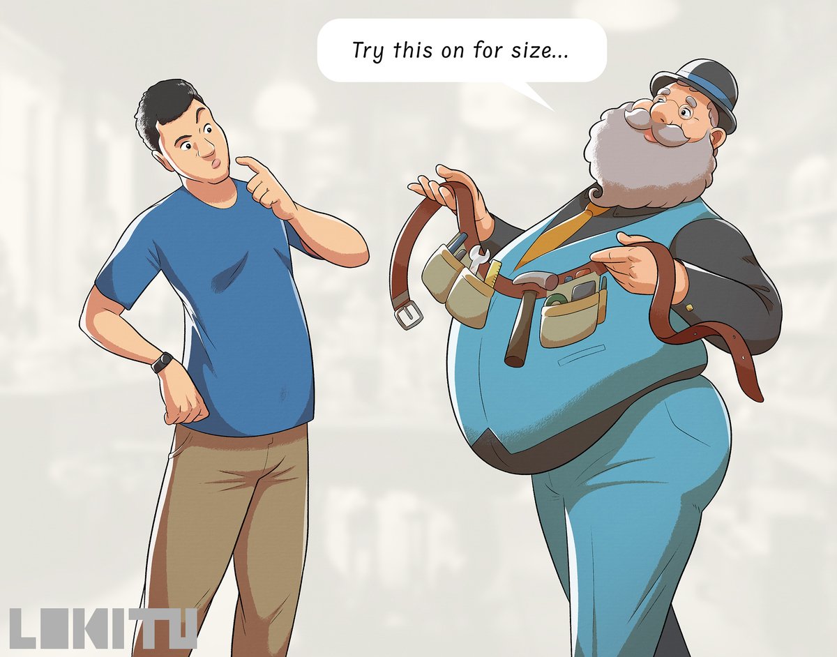 Commission for Mysteries of Me: Visiting this portly gentleman’s curiosity shoppe is bound to have some transformative effects, like trying on this magical builder’s toolbelt, for example. Part 1 of 3