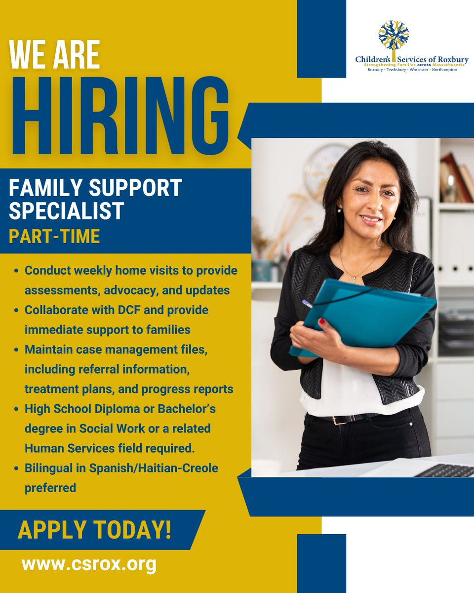 #CSRMakeAMoveMondays: CSR is looking for a Family Support &amp; Stabilization Specialist to join our team in Roxbury. In this role, you'll work to support families facing crises, with an aim to prevent family separation and promote well-being. Apply today! bit.ly/Family_Support…