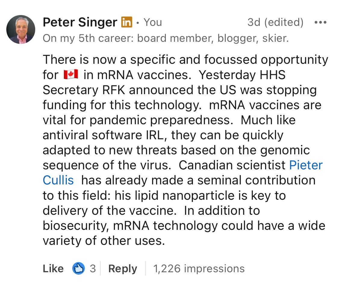 Dr. Peter A Singer, OC (@peterasinger) on Twitter photo <a href="/NightShiftMD/">Dr. Brian Goldman</a> I agree Brian! Although I would focus on moving mRNA companies to Canada rather than funding alone. <a href="/NightShiftMD/">Dr. Brian Goldman</a> I agree Brian! Although I would focus on moving mRNA companies to Canada rather than funding alone.