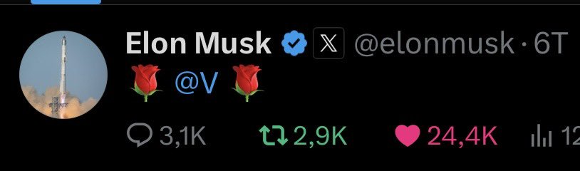 <a href="/DefiantLs/">Defiant L’s</a> posted this picture of #valentine first. One day later Elon also posted the same picture. In an other post <a href="/elonmusk/">Elon Musk</a> used the rose and mentioned <a href="/v/">Valentine</a>!

Connect the dots! There was no 🌹 before the dev published this picture!

                         Elon - Valentine -