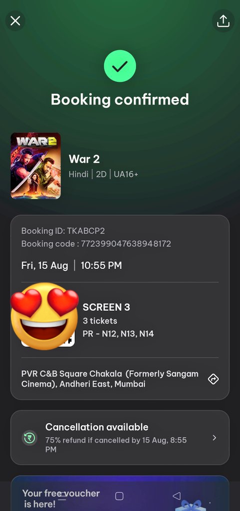 FDFS with <a href="/HRFCMumbai/">HR FC Mumbai ™</a> and then 2nd show with family can't wait to experience grand action spectacle and return of kabir after 6 years 🥹💥.
#War2advancebooking #War2 #HrithikRoshan #JrNTR