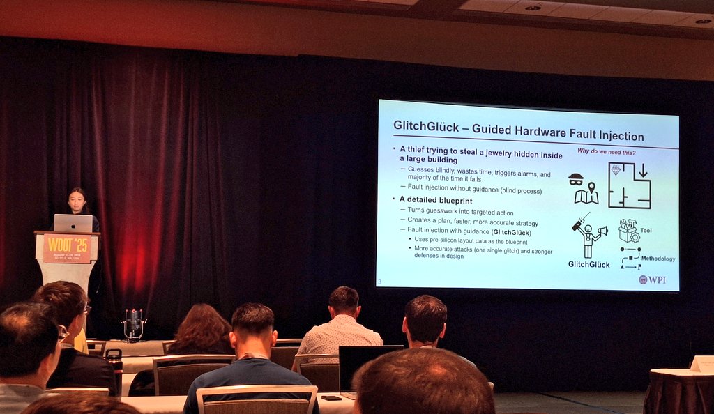 USENIX WOOT Conference on Offensive Technologies (@wootsecurity) on Twitter photo First session, on hardware security:
Two talks on attacking the <a href="/Raspberry_Pi/">Raspberry Pi</a> RP2350 by <a href="/nSinusR/">nSinus-R (@nsr@infosec.exchange)</a> and <a href="/azonenberg/">Andrew Zonenberg @azonenberg@ioc.exchange</a>
One talk on exploiting software using hardware fault injections by Zhenyuan Liu First session, on hardware security:
Two talks on attacking the <a href="/Raspberry_Pi/">Raspberry Pi</a> RP2350 by <a href="/nSinusR/">nSinus-R (@nsr@infosec.exchange)</a> and <a href="/azonenberg/">Andrew Zonenberg @azonenberg@ioc.exchange</a>
One talk on exploiting software using hardware fault injections by Zhenyuan Liu
