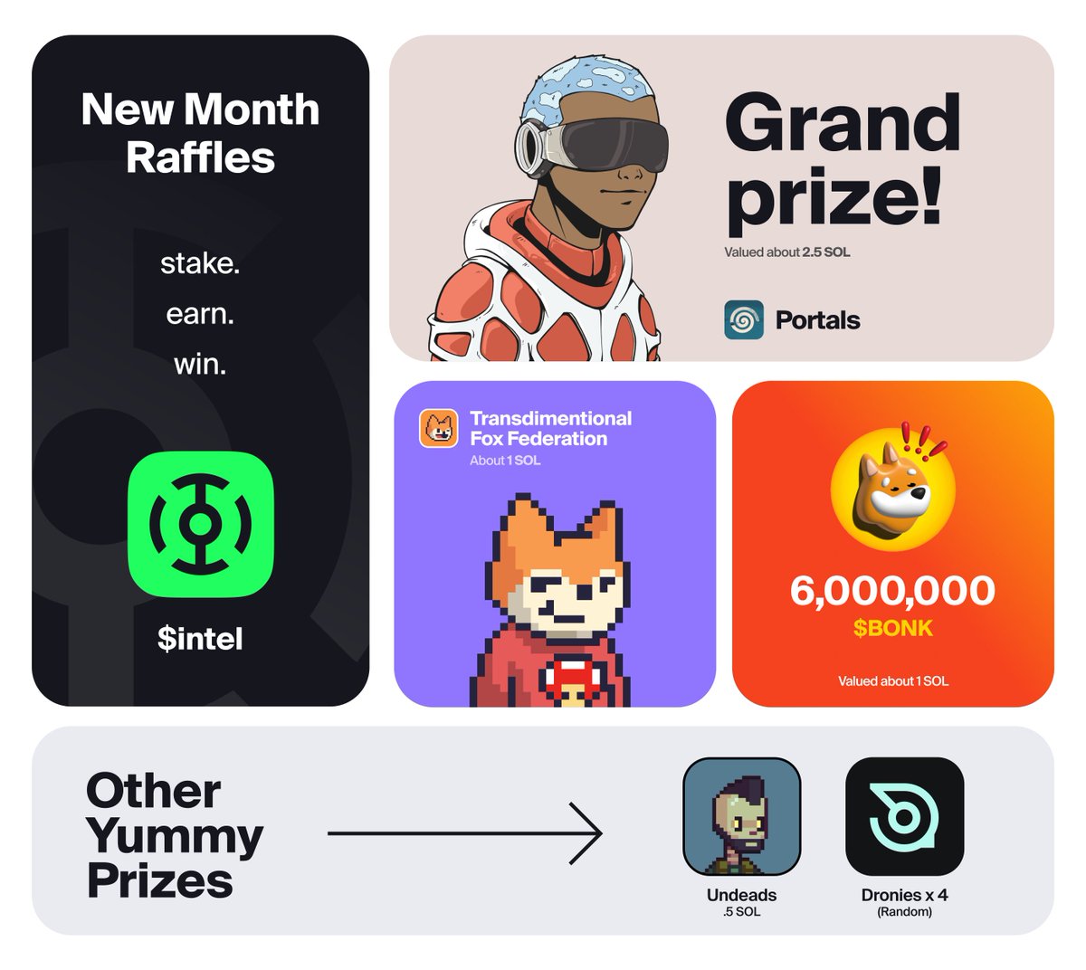 Hello Operatives. New raffles are LIVE! 🎉🎉🎉

GRAND PRIZE: Portals NFT (2.5 SOL) <a href="/_portals_/">Portals</a> 
PRIZE 2: FOX (1 SOL) <a href="/FamousFoxFed/">Famous Fox Federation 🦊🟠</a> 
PRIZE 3: 6M BONK (1 SOL) <a href="/bonk_inu/">BONK!!!</a> 
OTHER: Undead and Dronies! <a href="/undeads/">Undeads</a> 

Don't miss out, capture your Dronie and start earning!