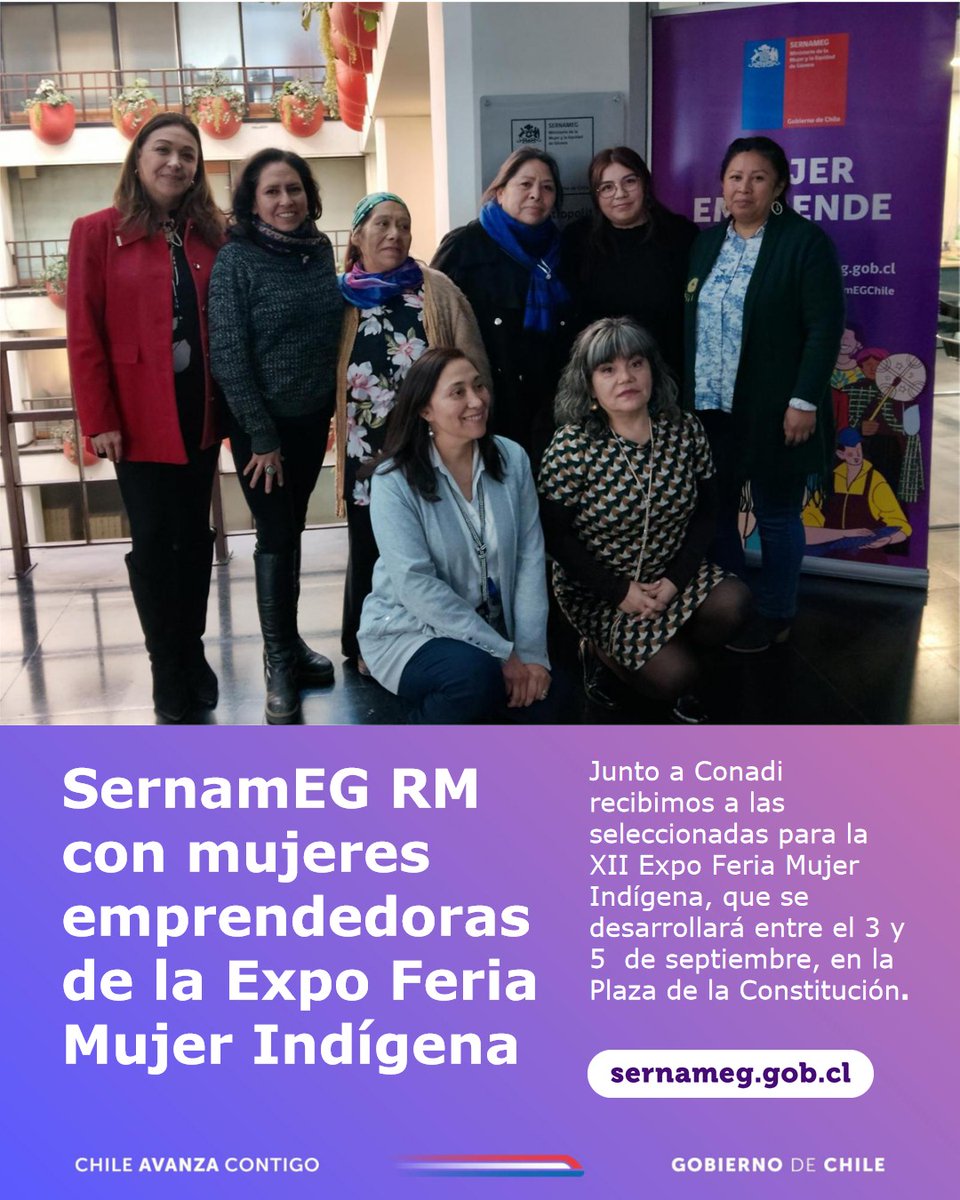 SernamEG RM (@sernameg_rm) on Twitter photo Felicitamos🎊 a las emprendedoras seleccionadas de la RM para la Expo Mujer Indígena que se reunieron con la Directora Regional de <a href="/SernamEG_RM/">SernamEG RM</a> Miriam Bertuzzi y su contraparte de <a href="/CONADI_Gob/">CONADI</a> Ximena Montecinos.
📍Las mujeres - en su mayoría- es primera vez que están en la feria Felicitamos🎊 a las emprendedoras seleccionadas de la RM para la Expo Mujer Indígena que se reunieron con la Directora Regional de <a href="/SernamEG_RM/">SernamEG RM</a> Miriam Bertuzzi y su contraparte de <a href="/CONADI_Gob/">CONADI</a> Ximena Montecinos.
📍Las mujeres - en su mayoría- es primera vez que están en la feria