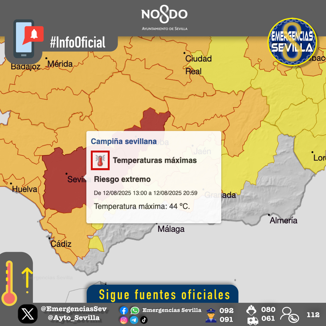 EmergenciasSev's tweet photo. 🌡️ Sigue estos consejos del @Ayto_Sevilla  durante los episodios de altas temperaturas en #Sevilla.
⚠️@AEMET_Esp mantiene avisos nivel rojo por altas temperaturas en #Sevilla (44ºC) para el día de mañana #12Agosto.
1.- Bebe frecuentemente agua o líquidos.
2.- Haz comidas ligeras.
3.- Cuida tu piel con protector solar.
4.- En casa, baja las persianas.
5.- Presta atención a tus mayores para evitar deshidratación
6.- Reduce las actividades físicas al aire libre.
7.- Sal con tus mascotas a la calle antes del aumento de las temperaturas.
8.- Repasa la ventilación de los electrodomésticos para evitar accidentes.

Consulta los detalles del dispositivo desplegado por el Ayuntamiento ➡️ https://t.co/LJ5mO8BvGX
#SeguridadCiudadana @Ayto_Sevilla
