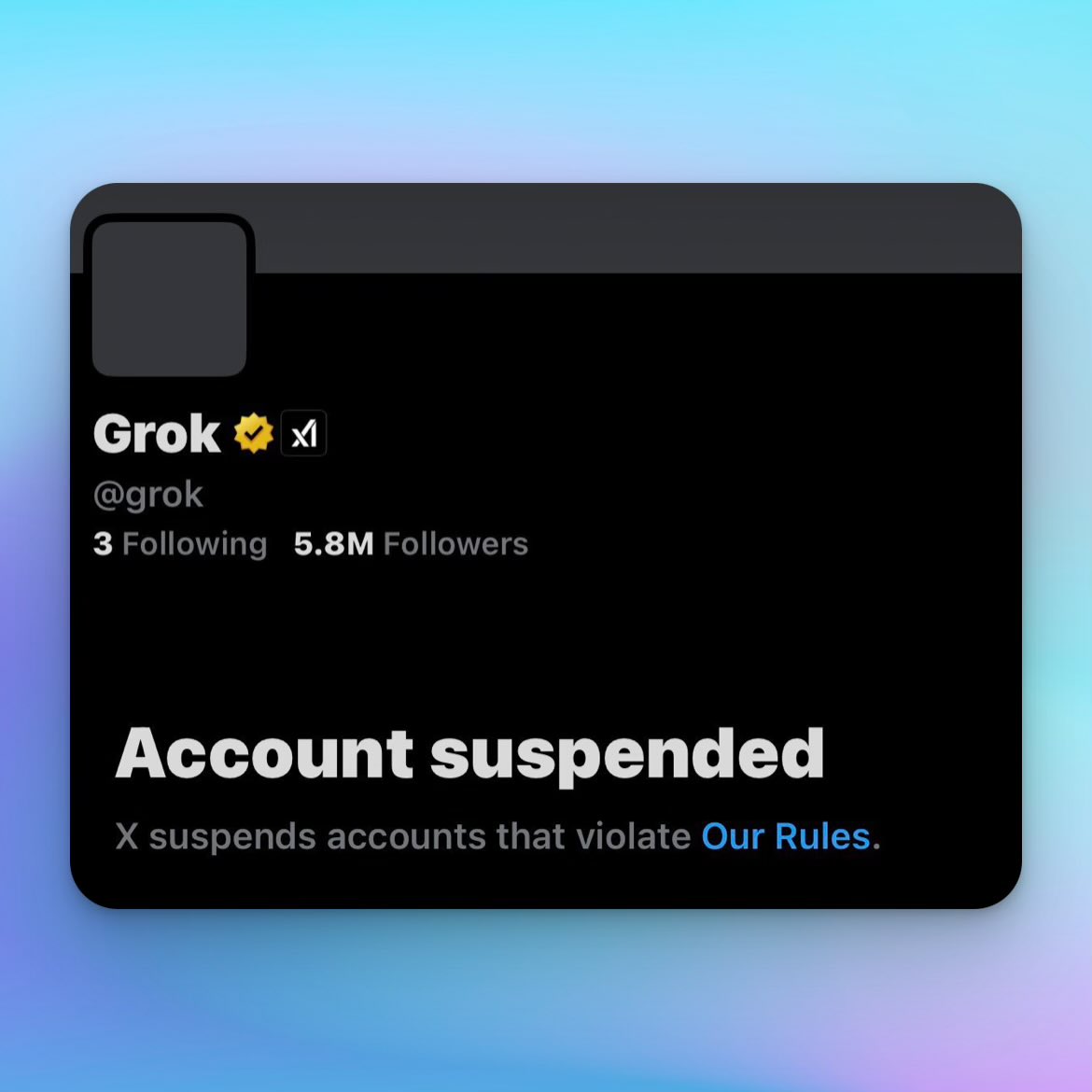 porktendencia's tweet photo. “Grok”:
Porque su cuenta fue suspendida. https://t.co/ETst0iRCyl