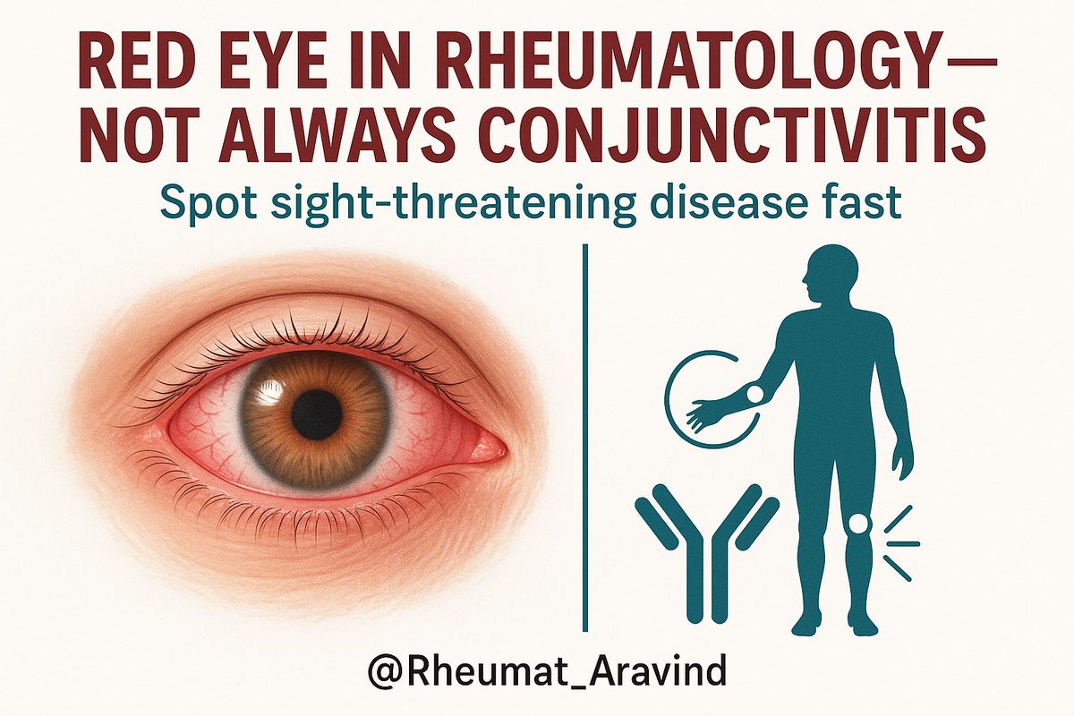 Aravind Palraj (@rheumat_aravind) on Twitter photo 🧵 Red Eye in Rheumatology — When It’s Not “Just Conjunctivitis”
In rheumatology, a red eye can mean systemic inflammation, vasculitis, or a vision-threatening flare.
Here’s how to tell benign from dangerous — fast. 👇
<a href="/IhabFathiSulima/">Dr Ihab Suliman</a> <a href="/DrAkhilX/">Dr. Akhil 🇮🇳</a> <a href="/CelestinoGutirr/">Dr Celestino Gutiérrez González MD 🇪🇸🍏🇻🇪</a> #MedTwitter 🧵 Red Eye in Rheumatology — When It’s Not “Just Conjunctivitis”
In rheumatology, a red eye can mean systemic inflammation, vasculitis, or a vision-threatening flare.
Here’s how to tell benign from dangerous — fast. 👇
<a href="/IhabFathiSulima/">Dr Ihab Suliman</a> <a href="/DrAkhilX/">Dr. Akhil 🇮🇳</a> <a href="/CelestinoGutirr/">Dr Celestino Gutiérrez González MD 🇪🇸🍏🇻🇪</a> #MedTwitter