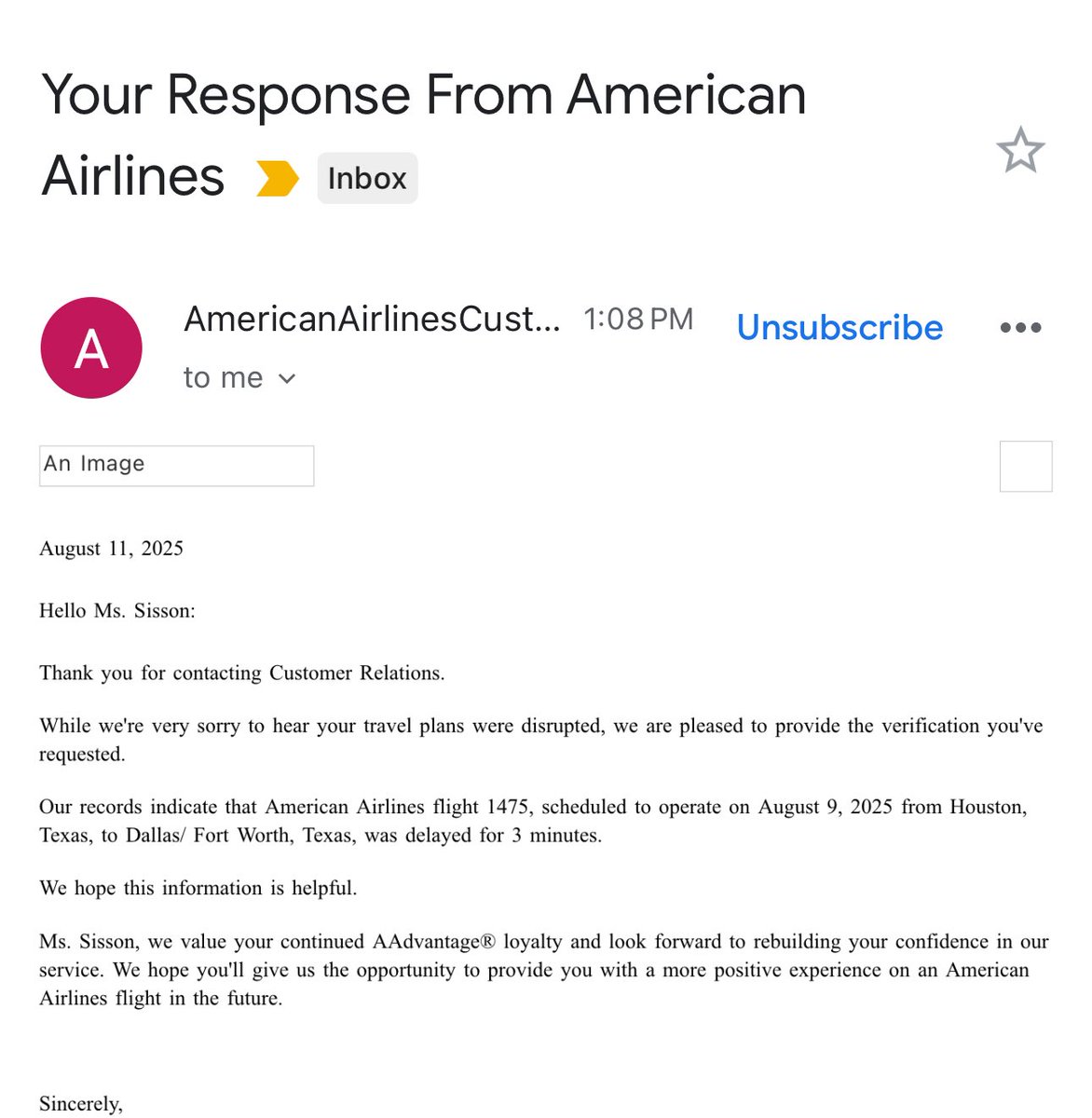 VivaciousVon's tweet photo. @AmericanAir  Why would your customer service rep, Sophia, tell me my flight was only delayed 3 min when it was delayed for HOURS? Both flights. Then diverted to a different airport. I needed accurate info for my insurance claim—now I want compensation. https://t.co/MyrJzx4yRz