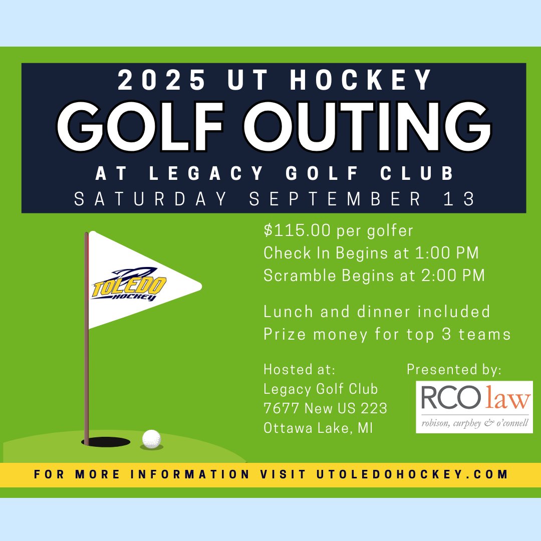 UToledoHockey's tweet photo. 🚀🏒 Golf Outing 🏒🚀
The annual UT Hockey Golf Outing will be back at Legacy Golf Club in Ottawa Lake on September 13th! Registration for a single golfer, foursome or hole sponsor is now open at https://t.co/zVUewdd8KQ! https://t.co/neWG2VROkG