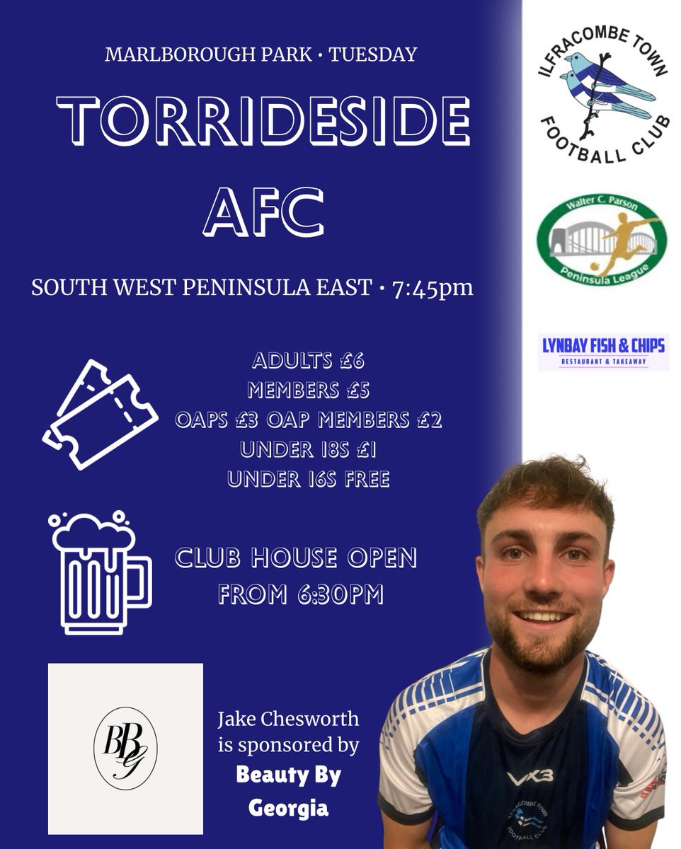 𝐈𝐥𝐟𝐫𝐚𝐜𝐨𝐦𝐛𝐞 𝐓𝐨𝐰𝐧 𝐀𝐅𝐂 (@ilfcombeafc) on Twitter photo It’s the visit of <a href="/TSide12/">Torridgeside FC</a> tomorrow evening in the <a href="/swpleague/">WALTER C. PARSON PENINSULA LEAGUE</a> with a 7:45pm kick off at Marlborough Park
#COYB It’s the visit of <a href="/TSide12/">Torridgeside FC</a> tomorrow evening in the <a href="/swpleague/">WALTER C. PARSON PENINSULA LEAGUE</a> with a 7:45pm kick off at Marlborough Park
#COYB