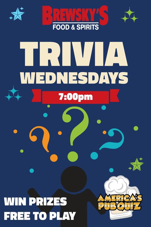 Trivia every Wednesday at our Omaha, East Lincoln AND North Lincoln locations from 7-9pm with America's Pub Quiz! Play individually or as a group. It's FREE and we've got prizes to give out.

<a href="/americaspubquiz/">America's Pub Quiz</a> #trivianight #pubtrivia #brewskysomaha #brewskyslincoln #sportsbar