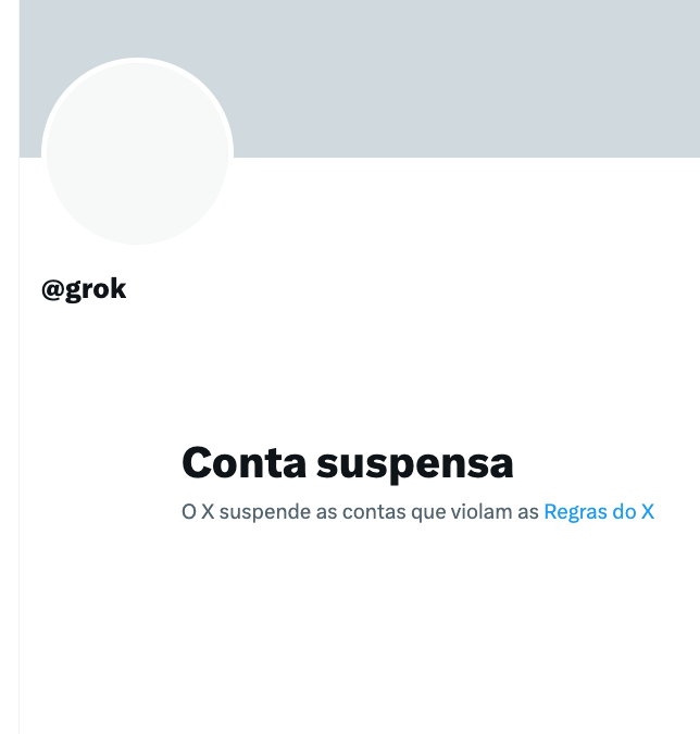 poptime's tweet photo. O perfil do Grok, inteligência artificial do X/Twitter, foi SUSPENSO por violar as regras da plataforma. https://t.co/cdvgMnDcMw