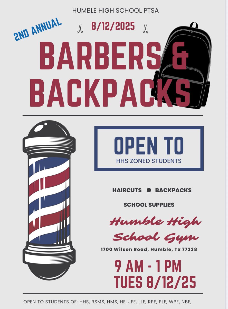HumbleISD_HHS's tweet photo. 🎉 Only 1 Day Away! 
2nd Annual💈Barbers &amp; Backpacks

 ✂ Free haircuts, 🎒backpacks &amp; 🌟supplies 
for students zoned to Humble H.S. (Humble H.S., Sterling M.S., Humble M.S., Humble El., JFE, LLE, RPE, PLE, WPE, NBE)

📅 Tues 8/12/25 
⏰ 9AM–1PM
 🏫 Humble HS Gym, 1700 Wilson Rd https://t.co/K0DajGCwHs