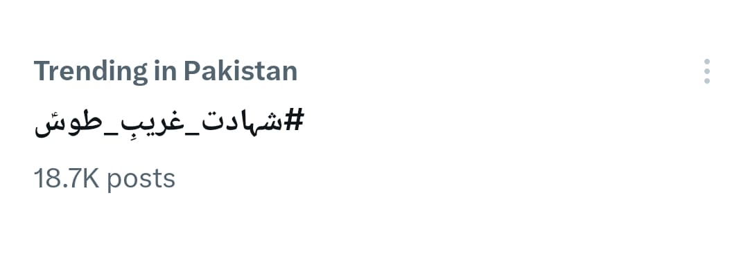 ⭕Trending Result ⭕

Allhamdulilah Our Hash tag Trending In Pakistan On "X" With 18.7K Tweets.

Thanks to all the Members Admins and Teams who joined the hashtag and made the panel Successful. May Syeda (SA) accept your efforts Ameen ❤🙏🏻

#شہادت_غریبِ_طوسؑ