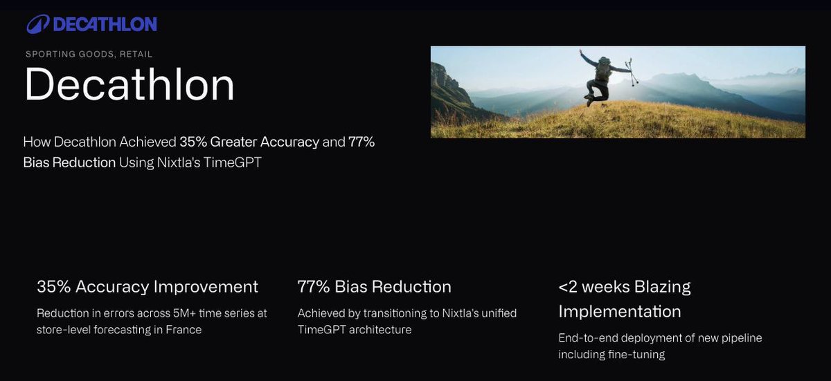 nixtlainc's tweet image. What if you could improve your forecasts by 35%… in 2 weeks?

That’s exactly what happened when @Decathlon teamed up with Nixtla.

Using TimeGPT, the world’s largest sporting goods retailer:
📈 Improved accuracy by 35%
📉 Reduced bias by 77%
⚡ Unified millions of time series…