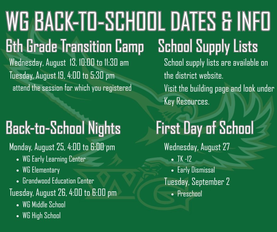 The first day of school is just about two weeks away. 6th Grade Transition Camp and Back-to-School Night will be here soon. The first day of school is Wednesday, August 27, and is an early dismissal. #WGBuildingFutures