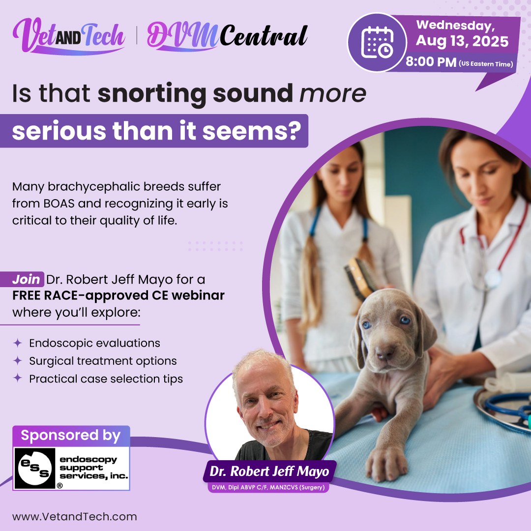 Join Dr. Robert Jeff Mayo, DVM, Dipl. ABVP C/F, MANZCVS (Surgery), for a FREE RACE-approved CE webinar to explore:

Register now: tinyurl.com/24qebzux

#VetandTech #VeterinaryWebinar #BOAS #RACEApproved #VetMed #VeterinarySurgery #SoftTissueSurgery #VeterinaryEducation