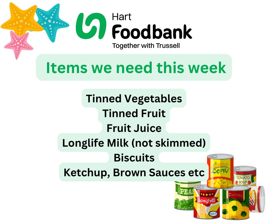 We need the following 🙏

Tinned Vegetables
Tinned Fruit
Fruit Juice
Longlife Milk (not skimmed)
Biscuits
Ketchup, Brown Sauces etc

Thank you, as always🙏❤️

👉ow.ly/94kP50WE3WP

We don't need the following items: Water, Sugar, Flour, or Cereals.

#FoodDonation