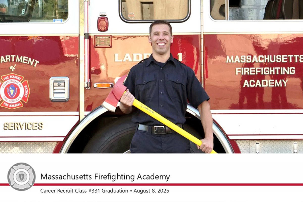Newswatch8's tweet photo. James Vanaria Jr. one of 31 new firefighters to graduate  from state firefighting academy in Stow on Friday. Congrats!  📸 DFS https://t.co/UI03e2XwFc