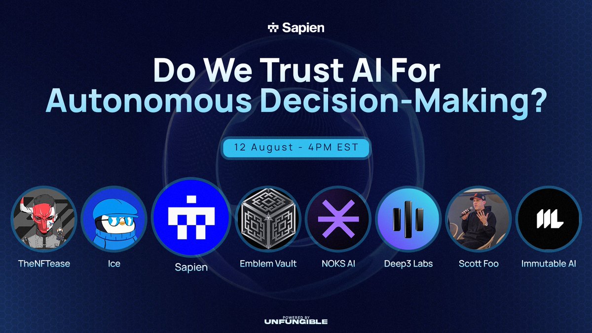 Sapien (@playsapien) on Twitter photo Do we trust?
No... we verify. 😏
Join <a href="/TheNFTease/">TheNFTease 🦇🔊</a> <a href="/ice_nfts/">Ice</a> and some familiar faces as we discuss.
<a href="/EmblemVault/">Emblem Vault</a>
<a href="/ThisIsNoks/">NOKS AI</a>
<a href="/deep3labs/">Deep3 Labs</a>
<a href="/ScottFooMusic/">Scott Foo</a>
@immutableailabs
Mark your calendar 👇 Do we trust?
No... we verify. 😏
Join <a href="/TheNFTease/">TheNFTease 🦇🔊</a> <a href="/ice_nfts/">Ice</a> and some familiar faces as we discuss.
<a href="/EmblemVault/">Emblem Vault</a>
<a href="/ThisIsNoks/">NOKS AI</a>
<a href="/deep3labs/">Deep3 Labs</a>
<a href="/ScottFooMusic/">Scott Foo</a>
@immutableailabs
Mark your calendar 👇