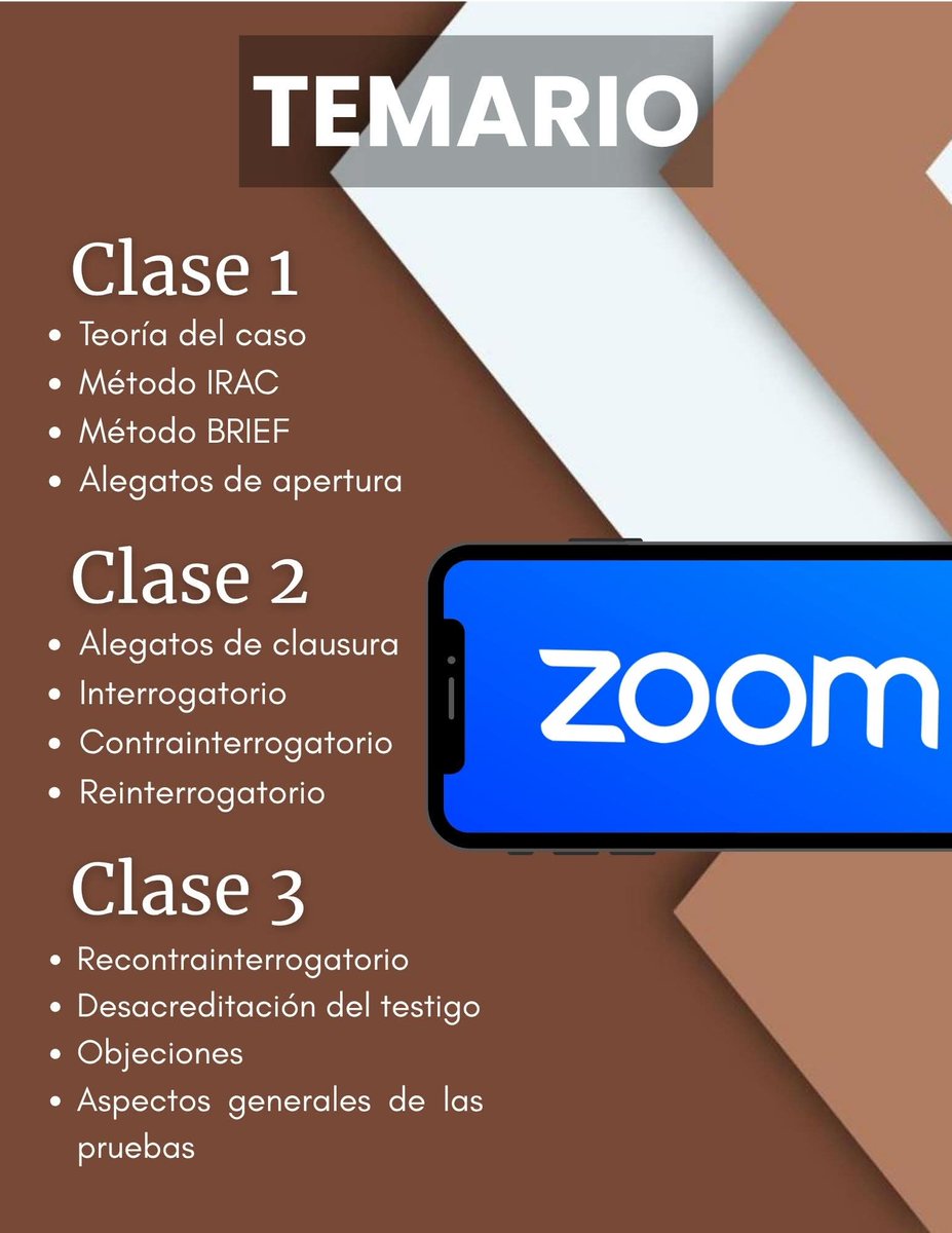 📣 CURSO: TECNICAS DE ARGUMENTACION Y LITIGACION EN LOS JUICIOS ORALES
🔍 Conforme al Código Nacional de Procedimientos Civiles y Famliares 
📅 12, 19 y 26 de agosto 7 a 9pm | 6 hrs en total
💻 Modalidad: En línea con grabación incluida

🚨Inicia mañana los espero !

Más