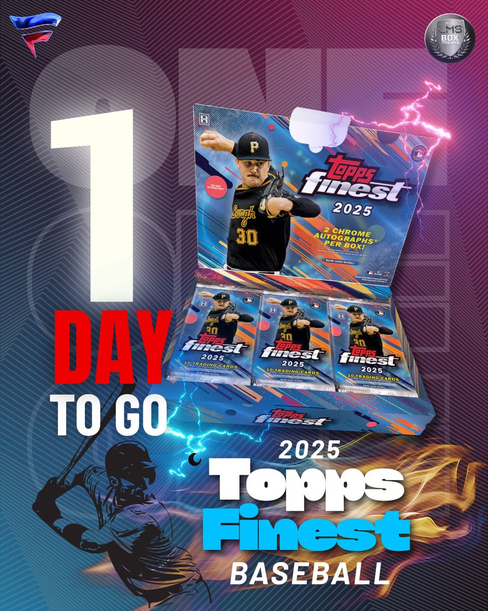 ⏳ 1 DAY LEFT! Tomorrow, the chase begins for the 2025 Topps Finest Baseball 💎. Get ready to rip packs, hunt grails, and pull fire! 🔥 

Join our LIVE breaks on Fanatics — your next big hit could be just one pack away. 

#ToppsFinest #BaseballCards #CardCollectors #LMSBoxBreaks