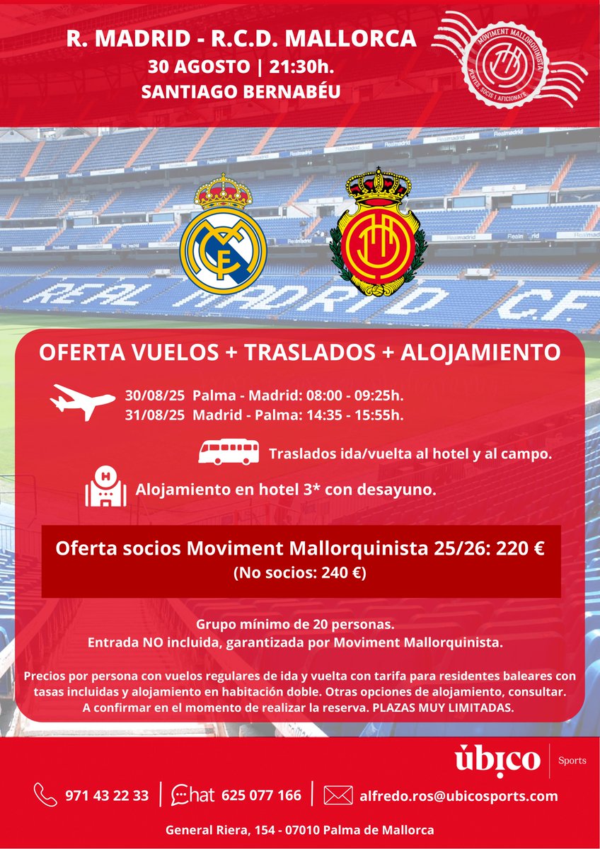 Mallorquinistes! 🔴⚫Arriba el primer desplaçament de la temporada 🛫

Acompanya i anima el nostre <a href="/RCD_Mallorca/">RCD Mallorca</a> al Santiago Bernabeu!