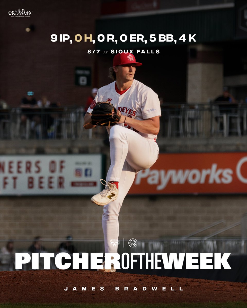 @jamesbradwell is your <a href="/AA_Baseball/">American Association</a> Carbliss Pitcher of the Week! 👏 

Bradwell pitched nine hitless innings on August 7th against Sioux Falls, giving up zero runs and striking out four. 

#LetsGoGoldeyes