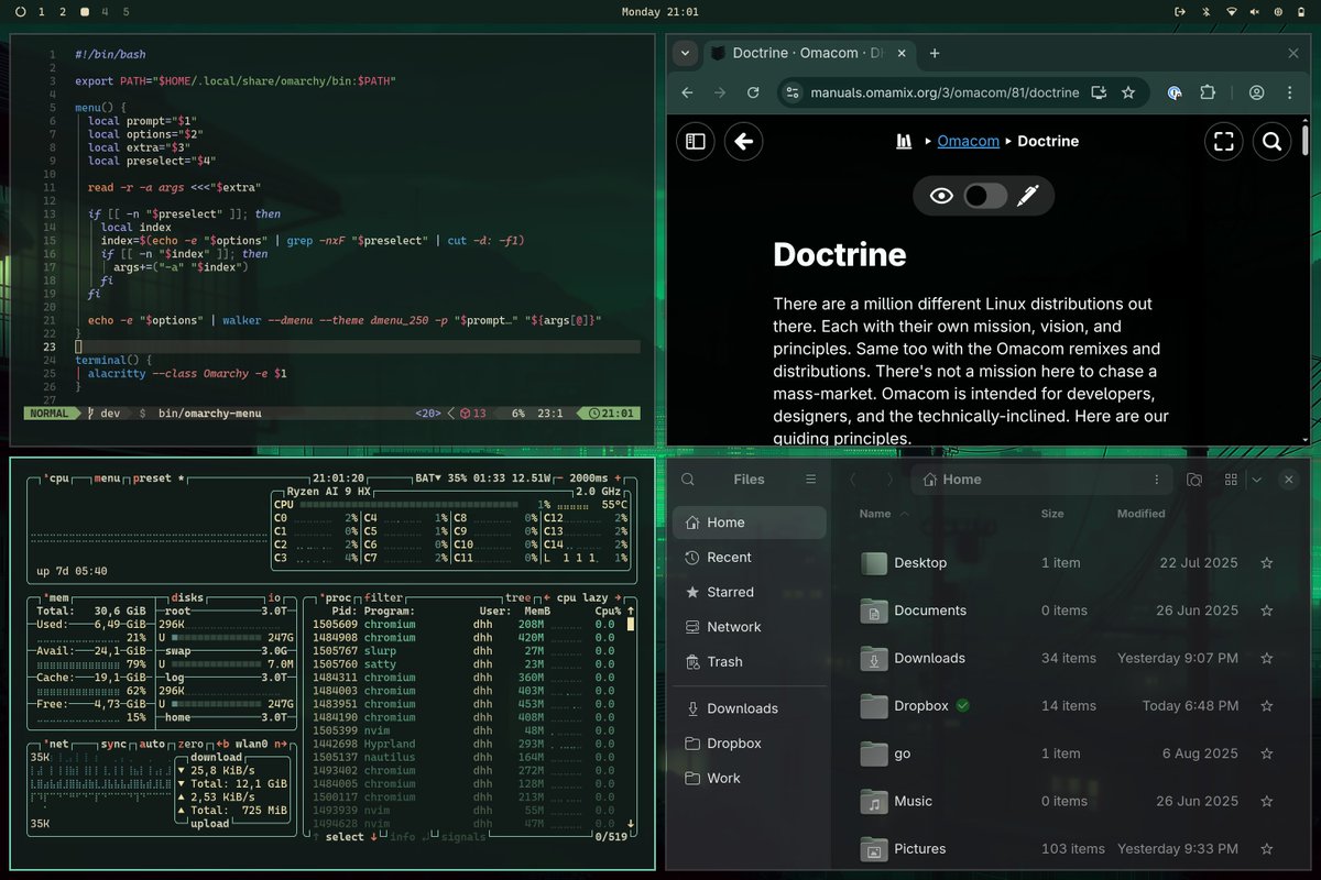 dhh's tweet photo. Osaka Jade has turned into one of my favorite themes for Omarchy from the recent contributions. Such a calming look at night 🧘 https://t.co/tZ6OD81RYg