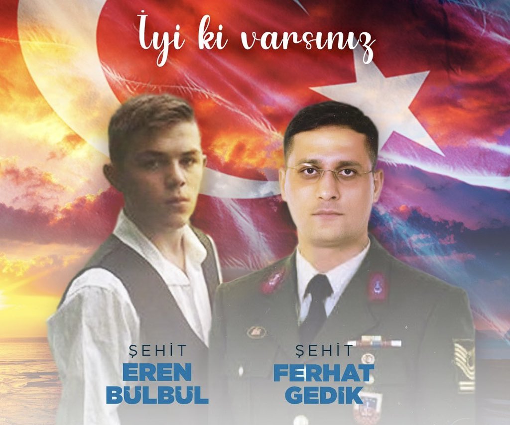 Şehadetlerinin yıl dönümünde, kahraman şehitlerimiz Eren Bülbül ve Jandarma Astsubay Kıdemli Başçavuş Ferhat Gedik'i rahmet ve saygıyla anıyoruz.

Vatan size minnettar... 🇹🇷🇹🇷🇹🇷

#ErenBülbül
#FerhatGedik