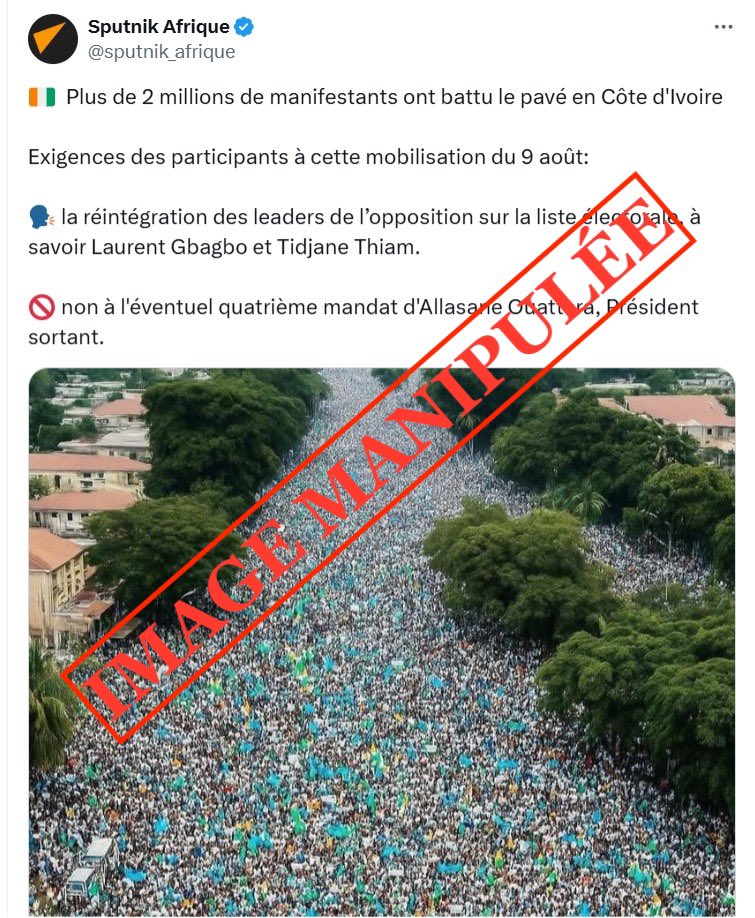 AssoBlogMali's tweet photo. Côte d’Ivoire : cette image de foule, présentée comme une manifestation contre Ouattara, a été générée par l’IA

𝑪𝒍𝒊𝒒𝒖𝒆𝒛 𝒔𝒖𝒓 𝒍𝒆 𝒍𝒊𝒆𝒏 𝒑𝒐𝒖𝒓 𝒍𝒊𝒓𝒆 𝒍'𝒂𝒓𝒕𝒊𝒄𝒍𝒆 𝒄𝒐𝒎𝒑𝒍𝒆𝒕 👇🏽
https://t.co/buy3Diizhb

#AnKaSègè_Sèguè
#MaraNiKunafoni
#ABM
#Mali https://t.co/Hp8KCAdGDX