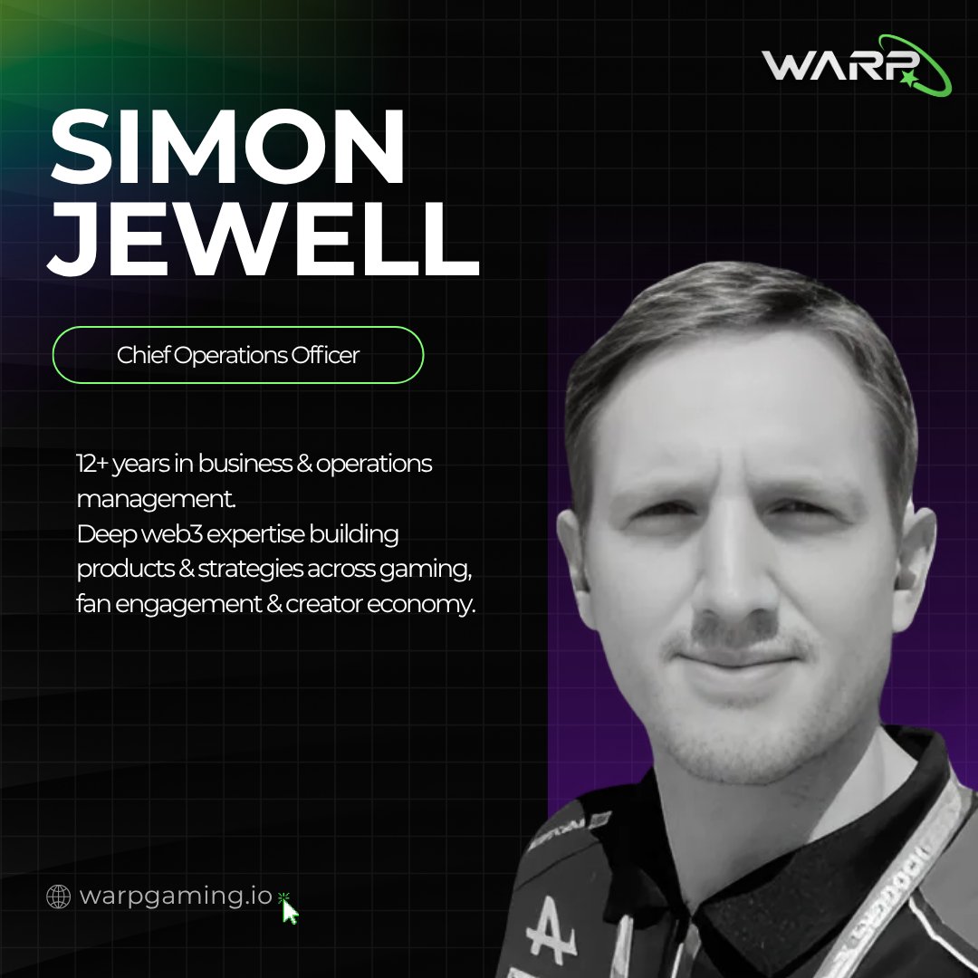 Meet the team 💫 

Simon Jewell | @aeroweb3 is Warp’s COO.   

A Web3 visionary with expertise in business, economics, marketing, and blockchain, Simon excels at turning business goals into successful products and campaigns.  

Warp – where vision, strategy, and innovation drive